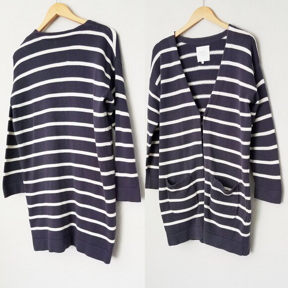 Part Two Striped Longline Tunic Cardigan M Cotton Blend One Hook Eye Preppy Knit - Picture 1 of 13